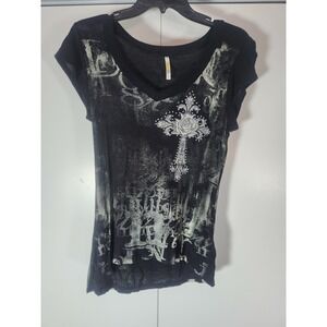 Ocasion Affliction Cross Tee Gothic Y2K Angel Wings V Neck Top Medium Black